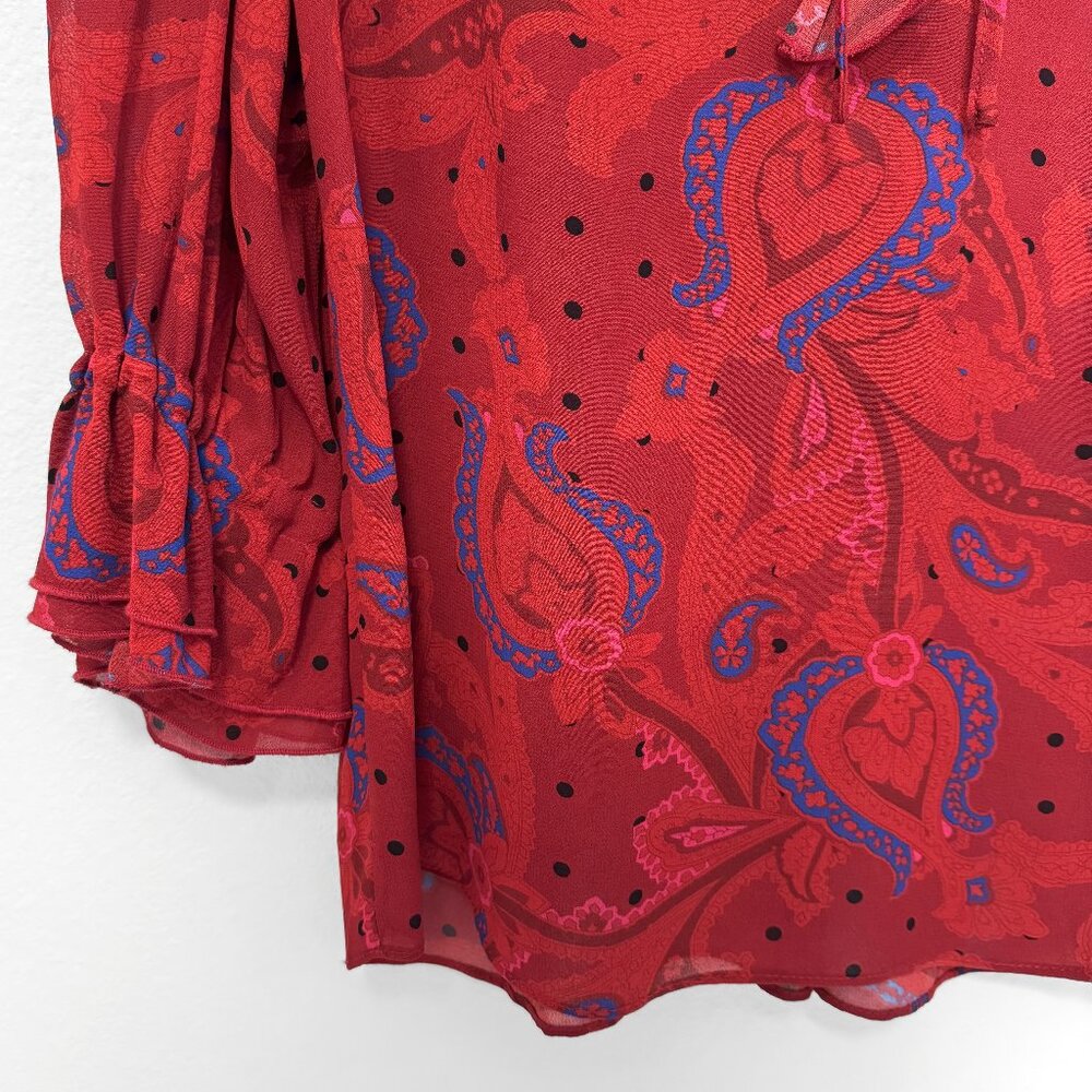 Ted Baker MiB Engels Red Ruffle Self Tie Crepe Paisley Print Blouse Size 1 Small - Picture 4 of 11